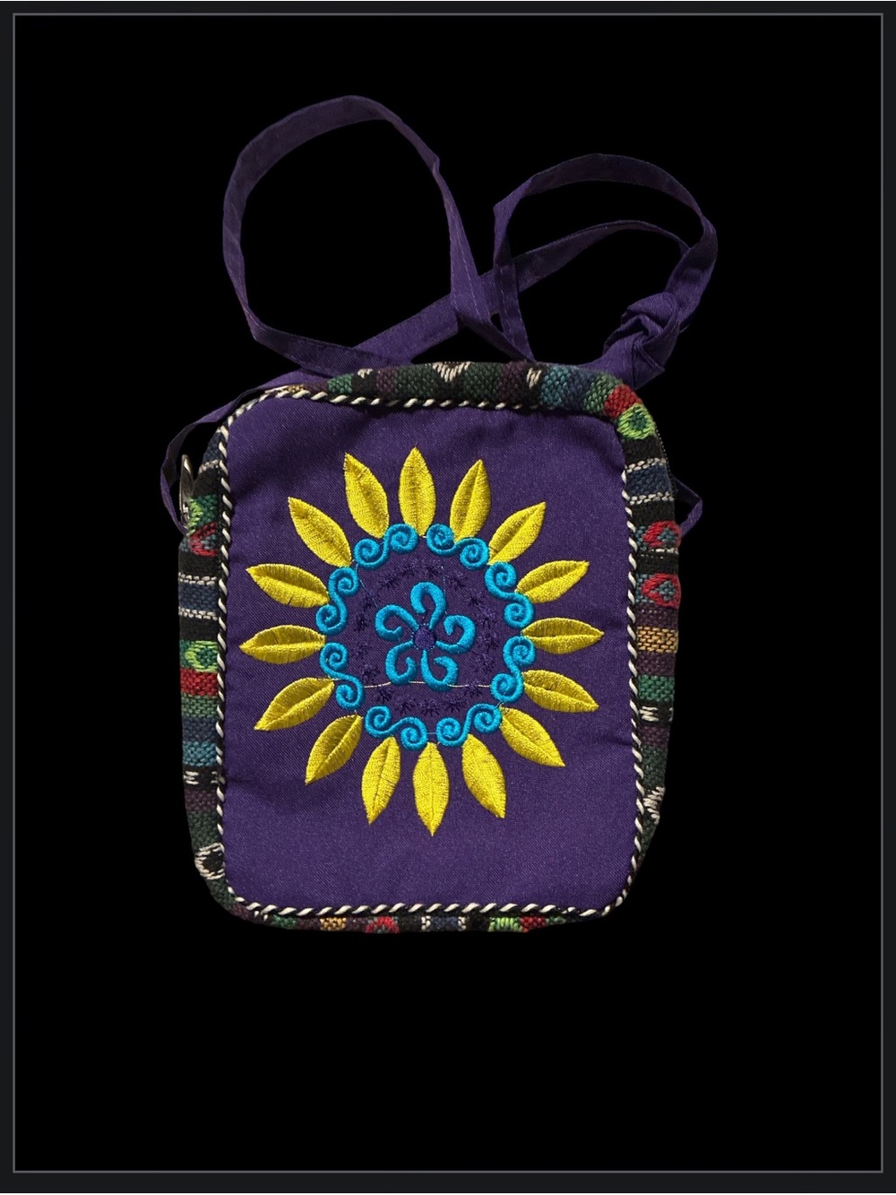 Fuerdanni Boho Embroidered Sunflower Crossbody Passport Bag Pouch - Purple